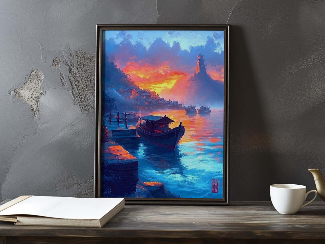 Asian Harbor At Sunset With Boats And A Hilltop Pagoda Poster
