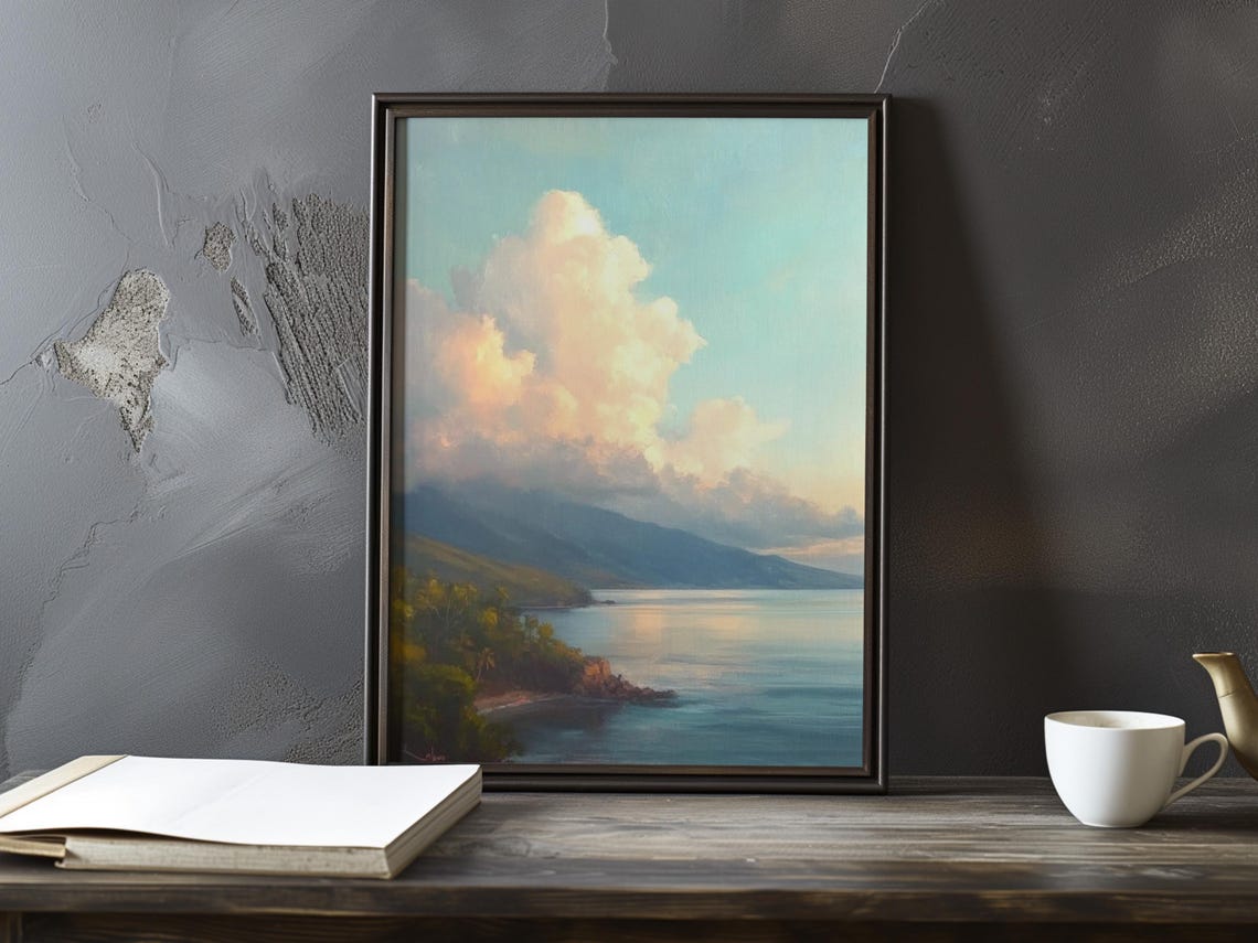 Tranquil Coastal Bay Under Towering Dusk Clouds Impressionist Poster