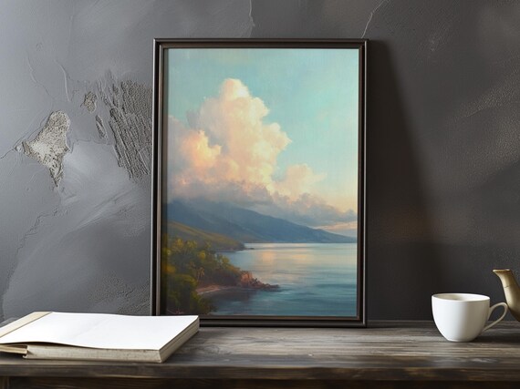 Tranquil Coastal Bay Under Towering Dusk Clouds Impressionist Poster