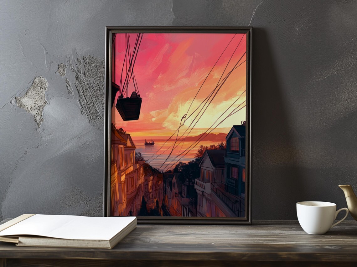 Cable Car Wires Over Bay at Pink Sunset Coastal Town Art Poster