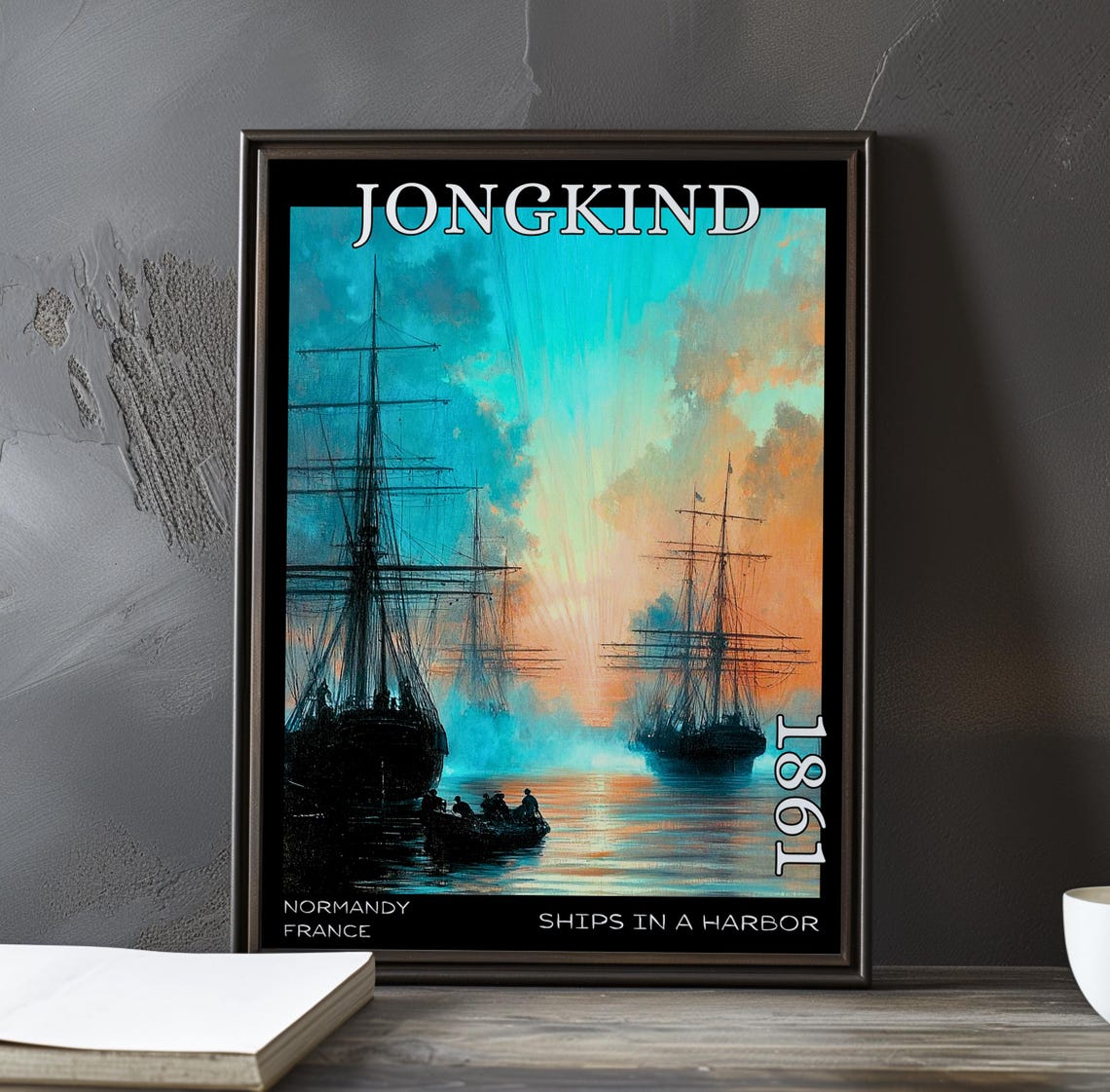Jongkind 1861 Tall Ships at Sunset Harbor Rowboat Scene Poster