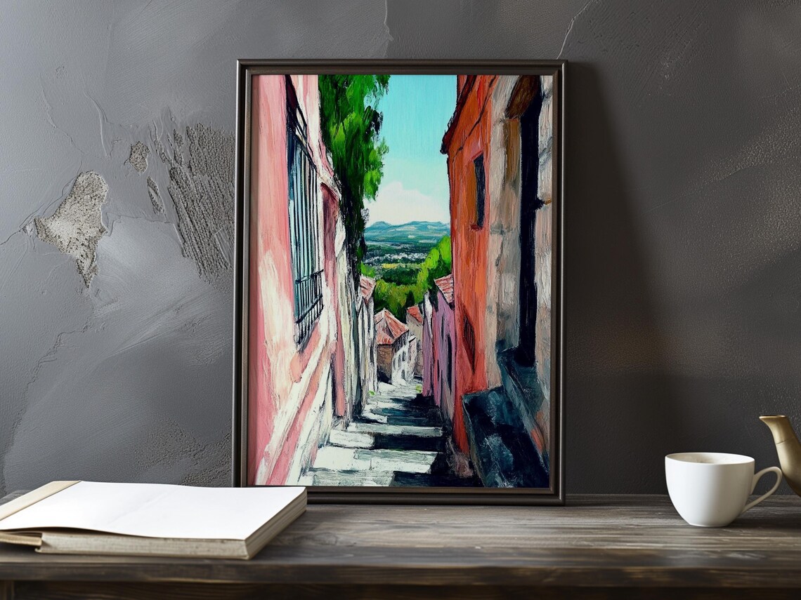 Bold Fauvist Alley In Pink And Orange Above A Green Valley Poster