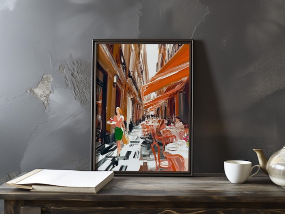 Manet Inspired Paris Street with Orange Awnings and Cafes Poster
