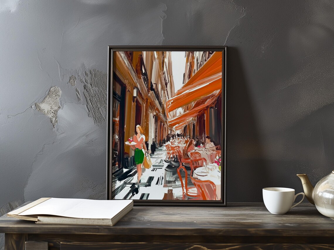 Manet Inspired Paris Street with Orange Awnings and Cafes Poster