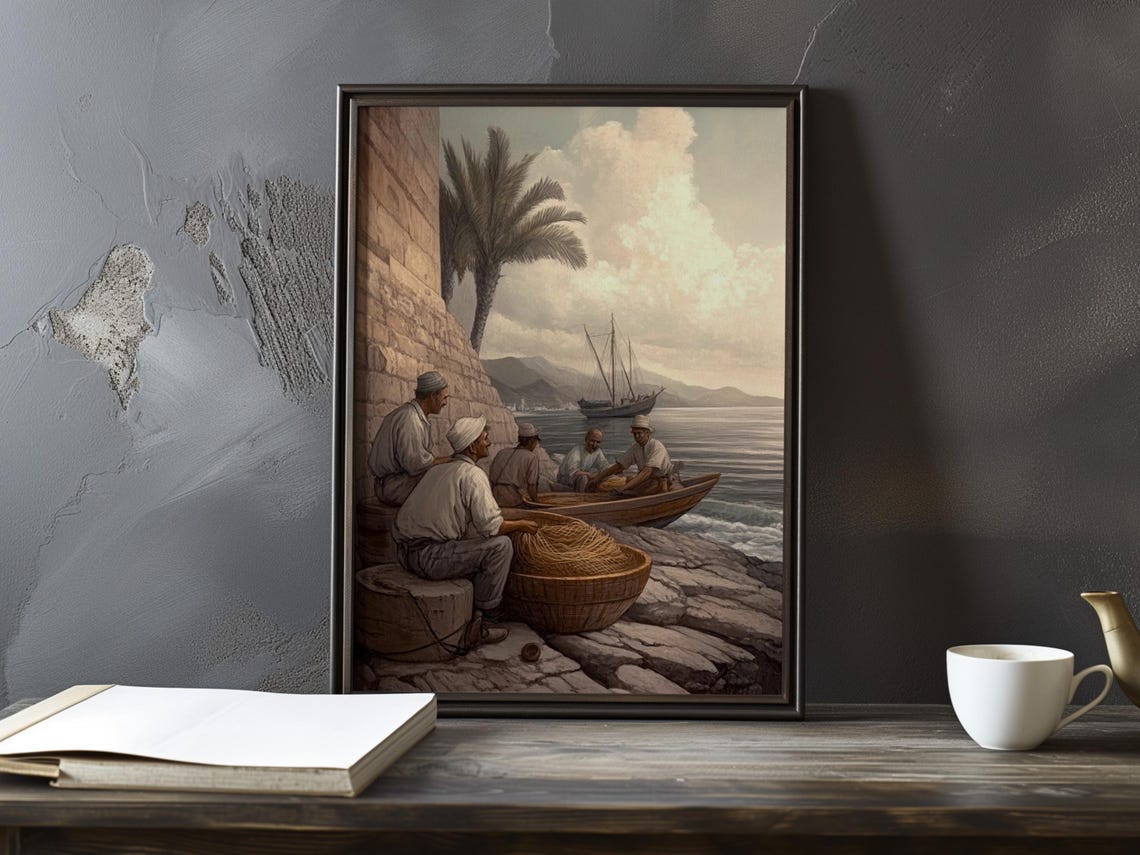 Fishermen Mending Nets By A Stone Quay Under Palm Trees Poster