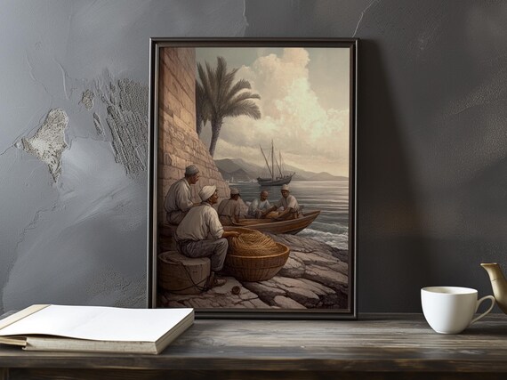 Fishermen Mending Nets By A Stone Quay Under Palm Trees Poster
