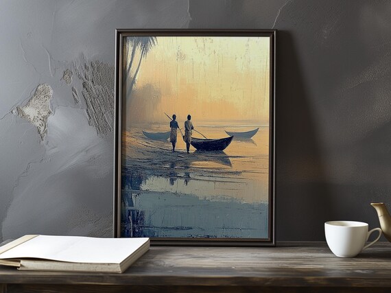 Two Fishermen At Dawn With Wooden Boats On Golden Water Poster