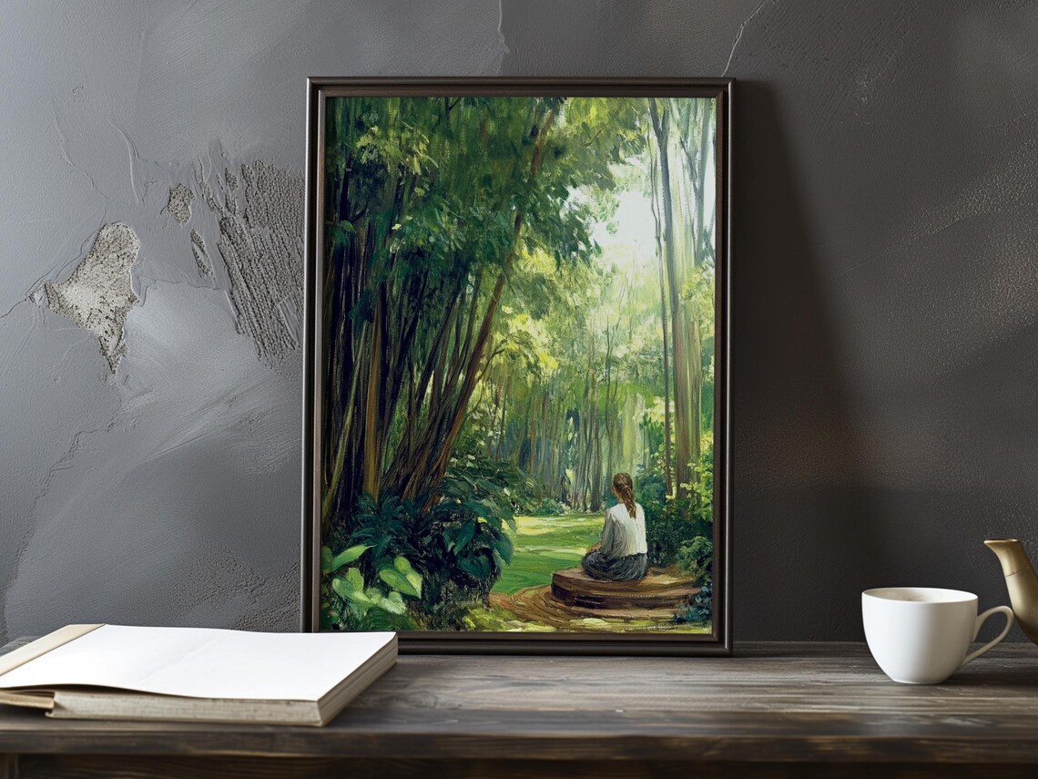 Solitary Woman Sitting in Sunlit Forest Impressionist Poster