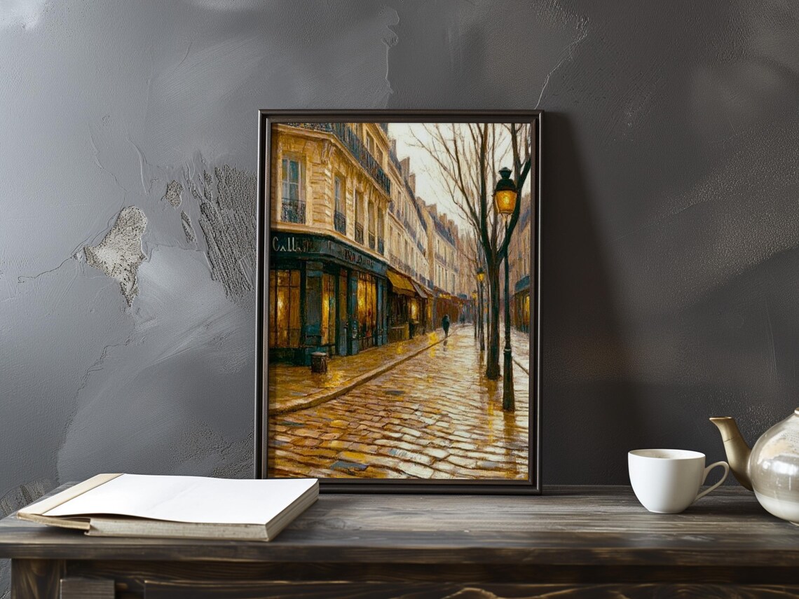 Golden Glow on a Rainy Paris Cobblestone Street at Dusk Poster
