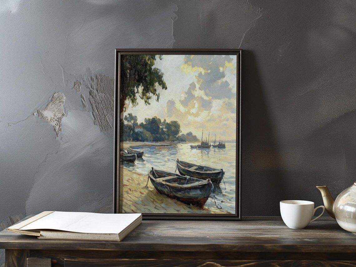 Rowboats Beached At Sunrise Calm Morning Seascape Poster Art
