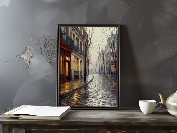 Quiet Paris Corner at Dawn With a Wet Curved Cobblestone Lane Art Poster