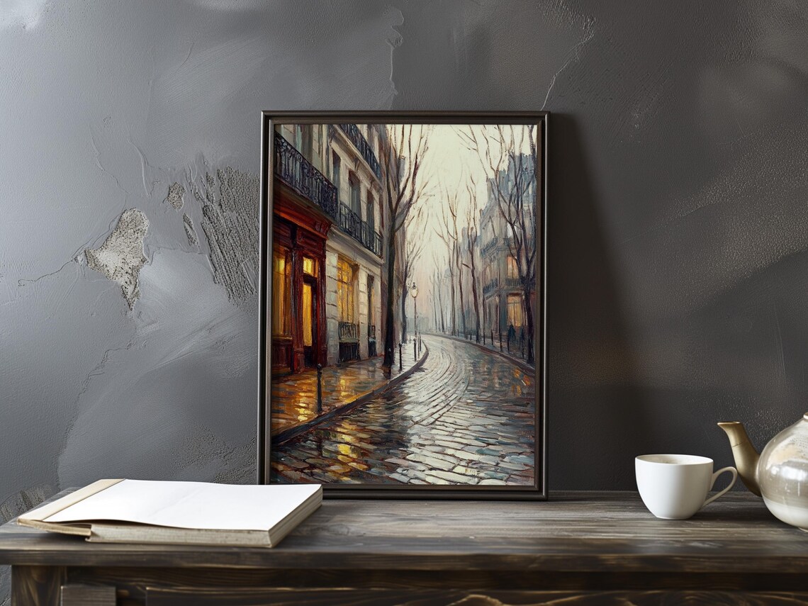Quiet Paris Corner at Dawn With a Wet Curved Cobblestone Lane Art Poster
