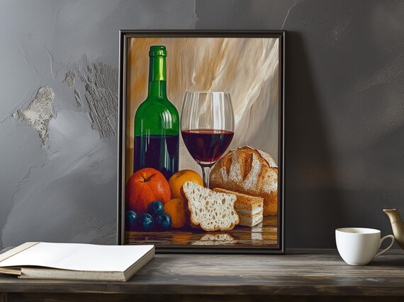 Red Wine Bottle And Glass With Fresh Bread Fruit And Plums Poster