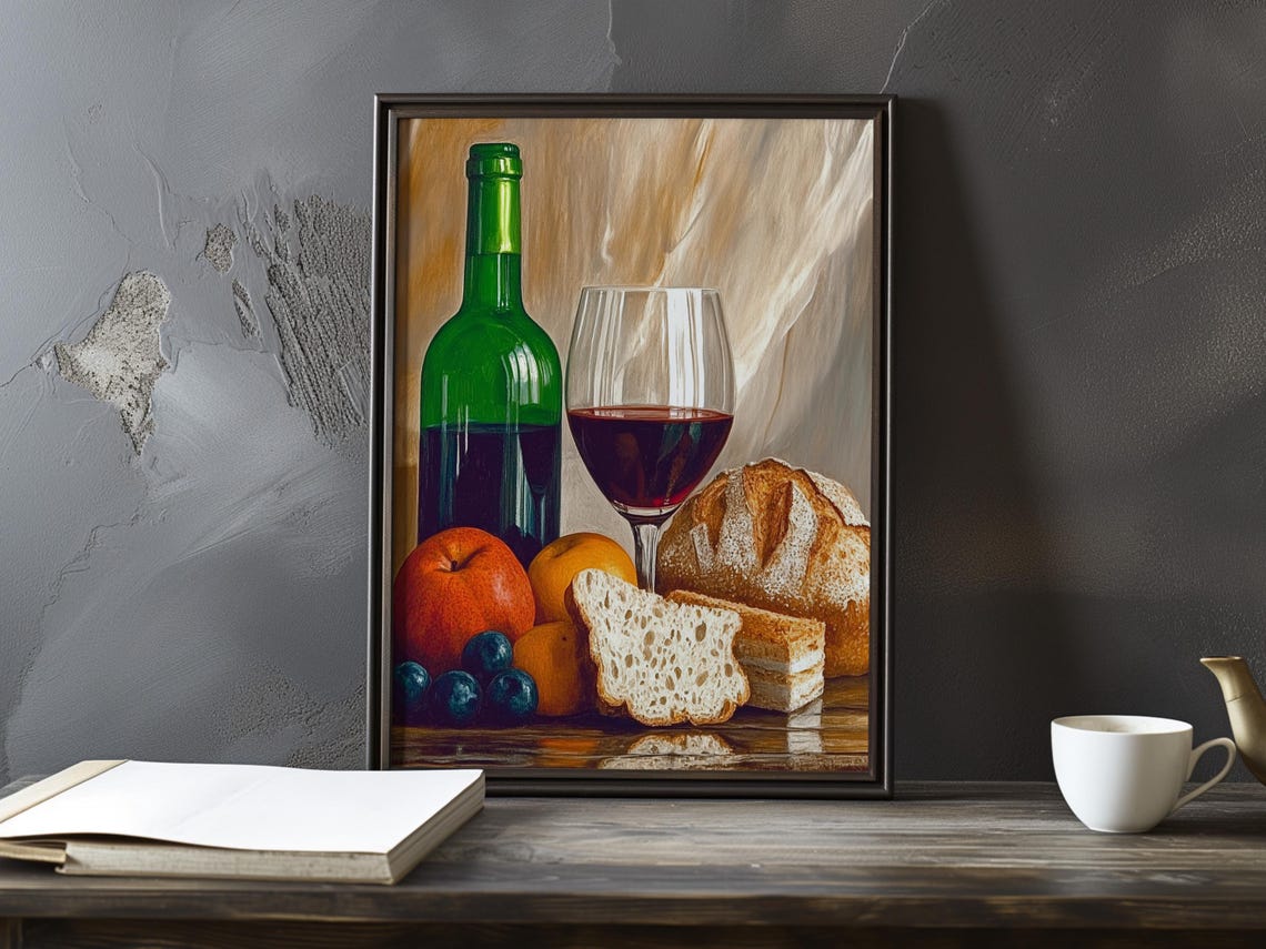 Red Wine Bottle And Glass With Fresh Bread Fruit And Plums Poster