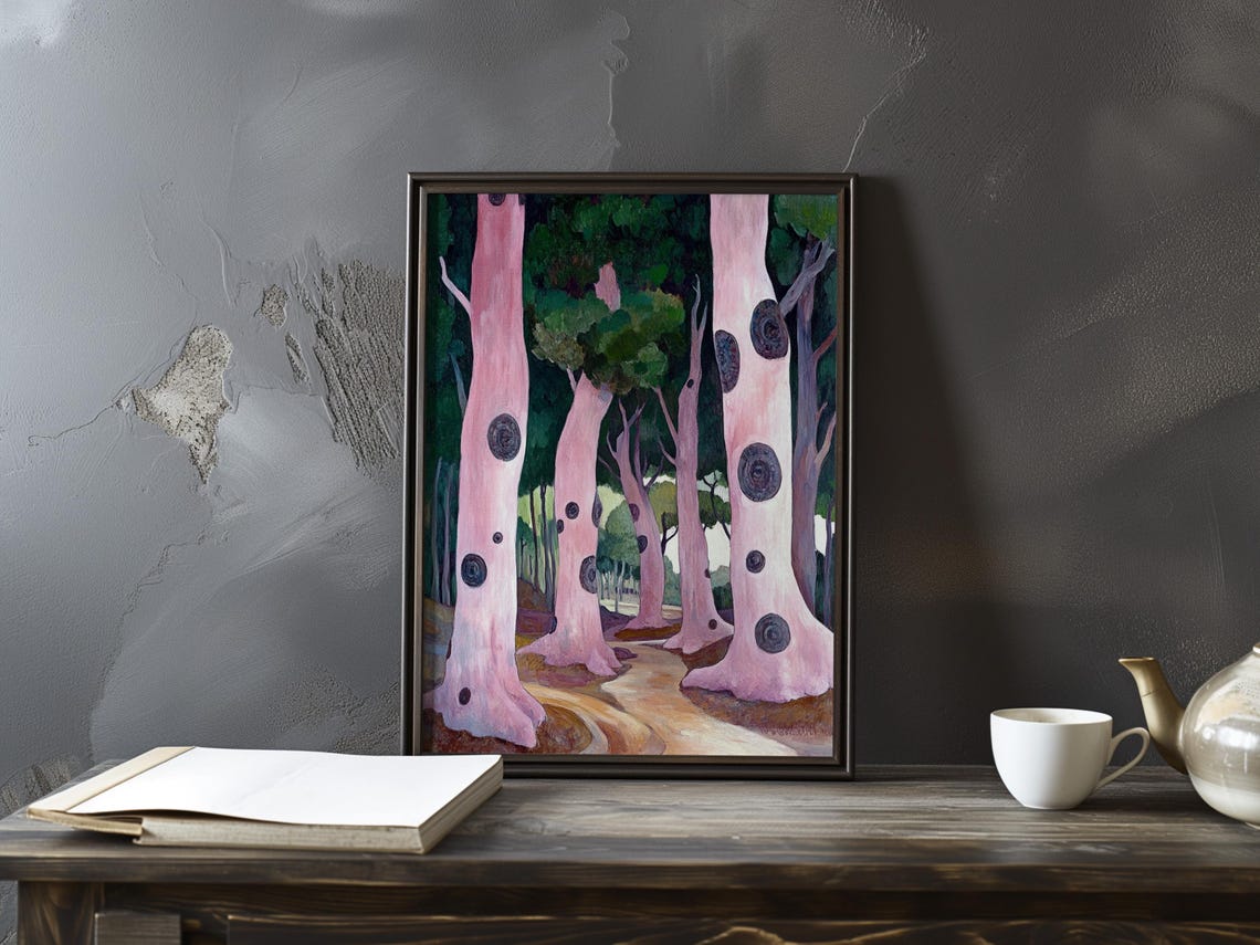 Vallotton Inspired Pink Barked Trees on a Forest Path Poster