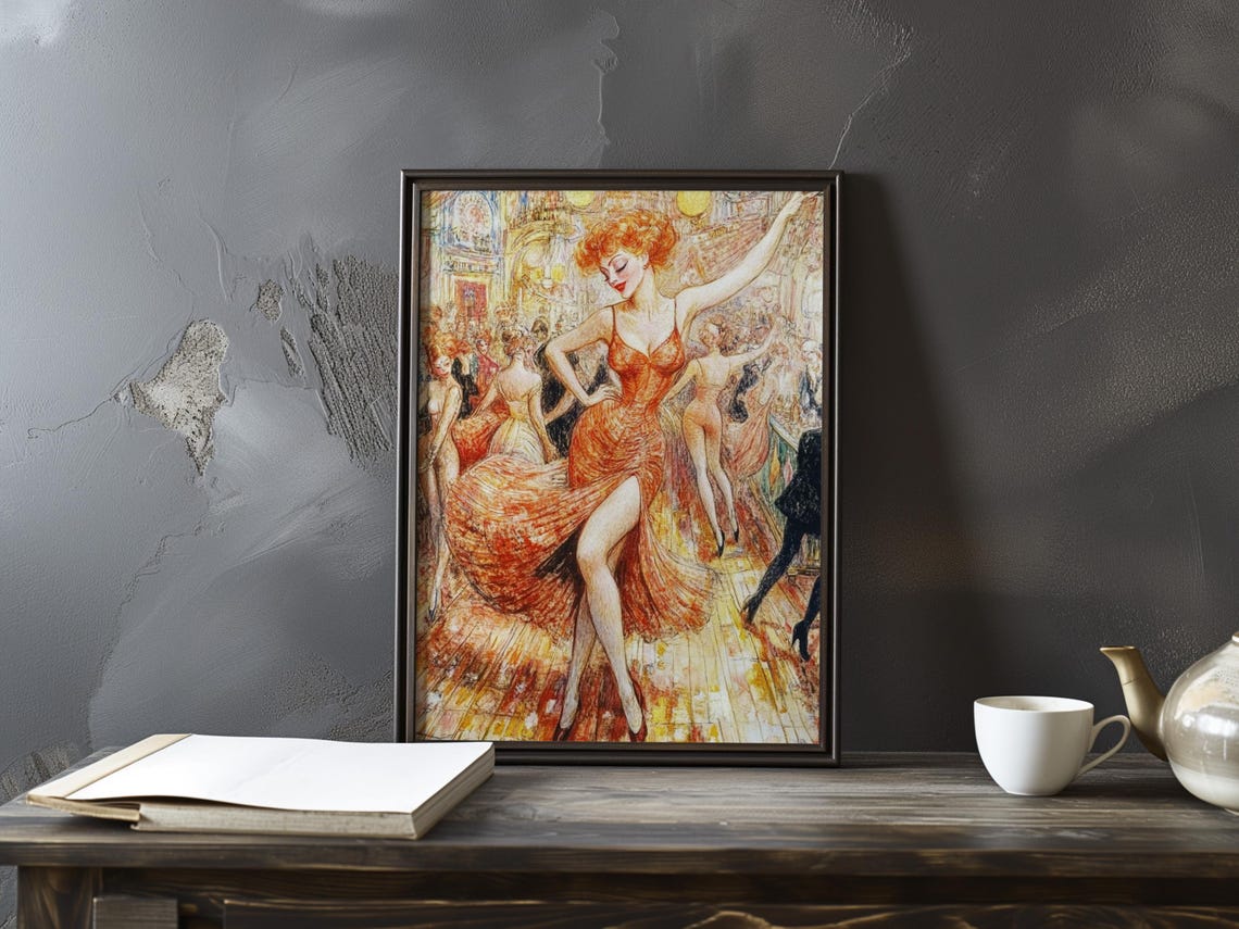 Red Haired Cabaret Dancer in Crimson Gown Mid Performance Poster