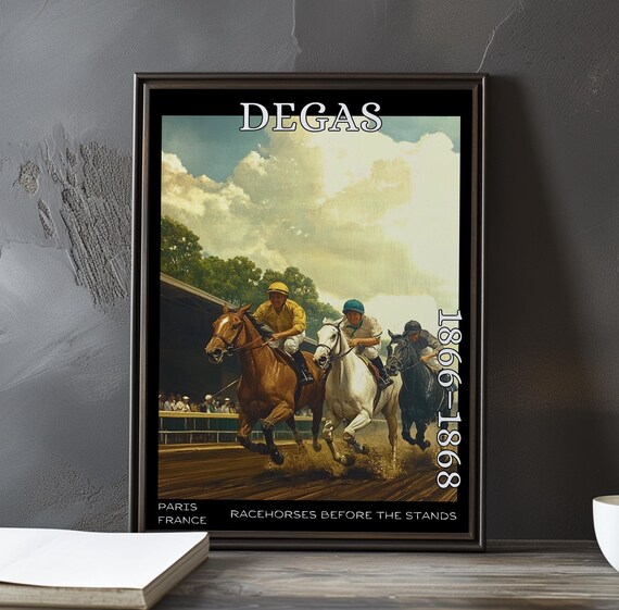 Three Horses Sprinting Past the Crowd Degas-Style Racing Poster