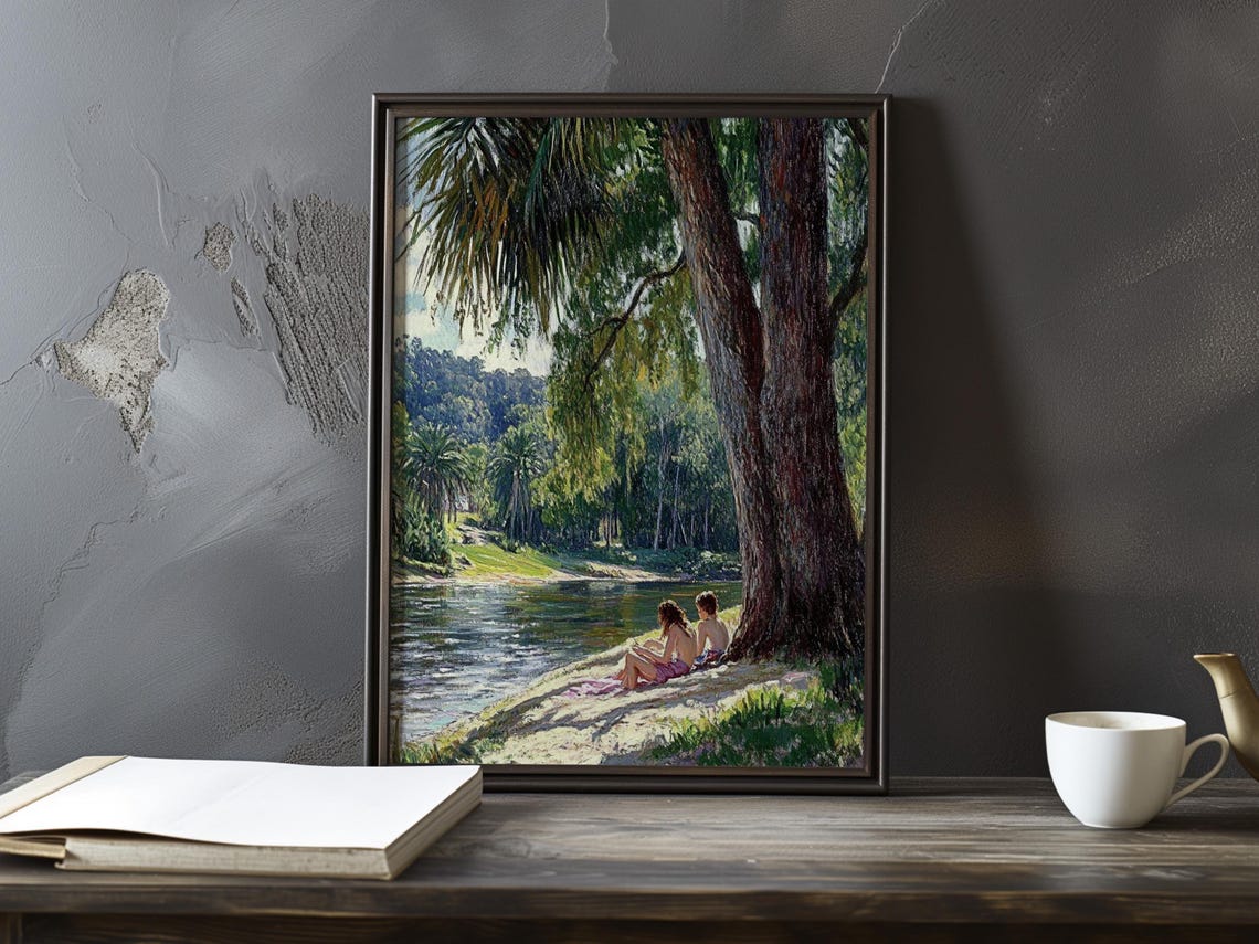 Two Bathers Sitting Beneath a Great Tree by the Summer River Poster