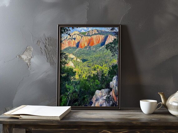 Cezanne-Inspired Sunlit Red Cliffs Above a Green Forest Poster