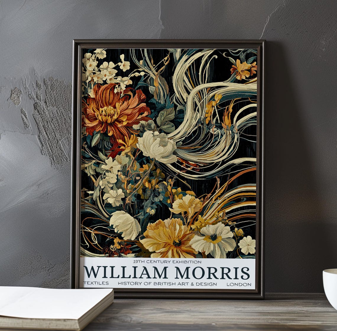 William Morris Rust Dahlia White Peony Black Exhibition Poster