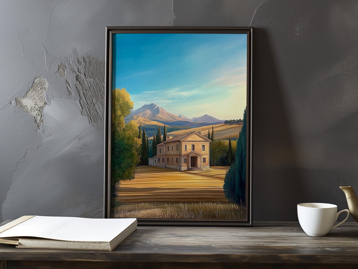 Country Villa In A Golden Field With Cypresses At Dusk Poster