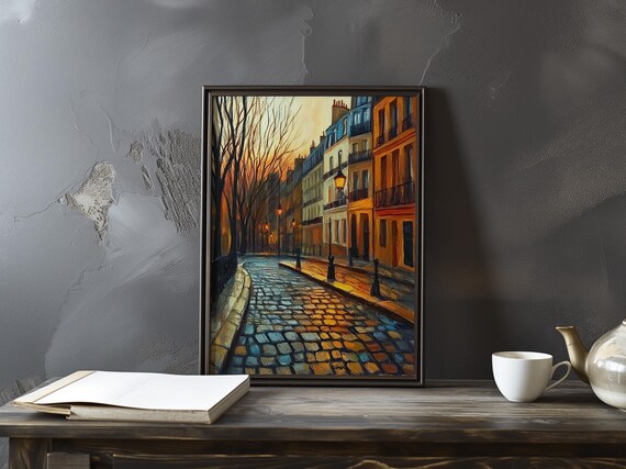Sunset Glow Across a Quiet Rainy Paris Cobblestone Street Poster