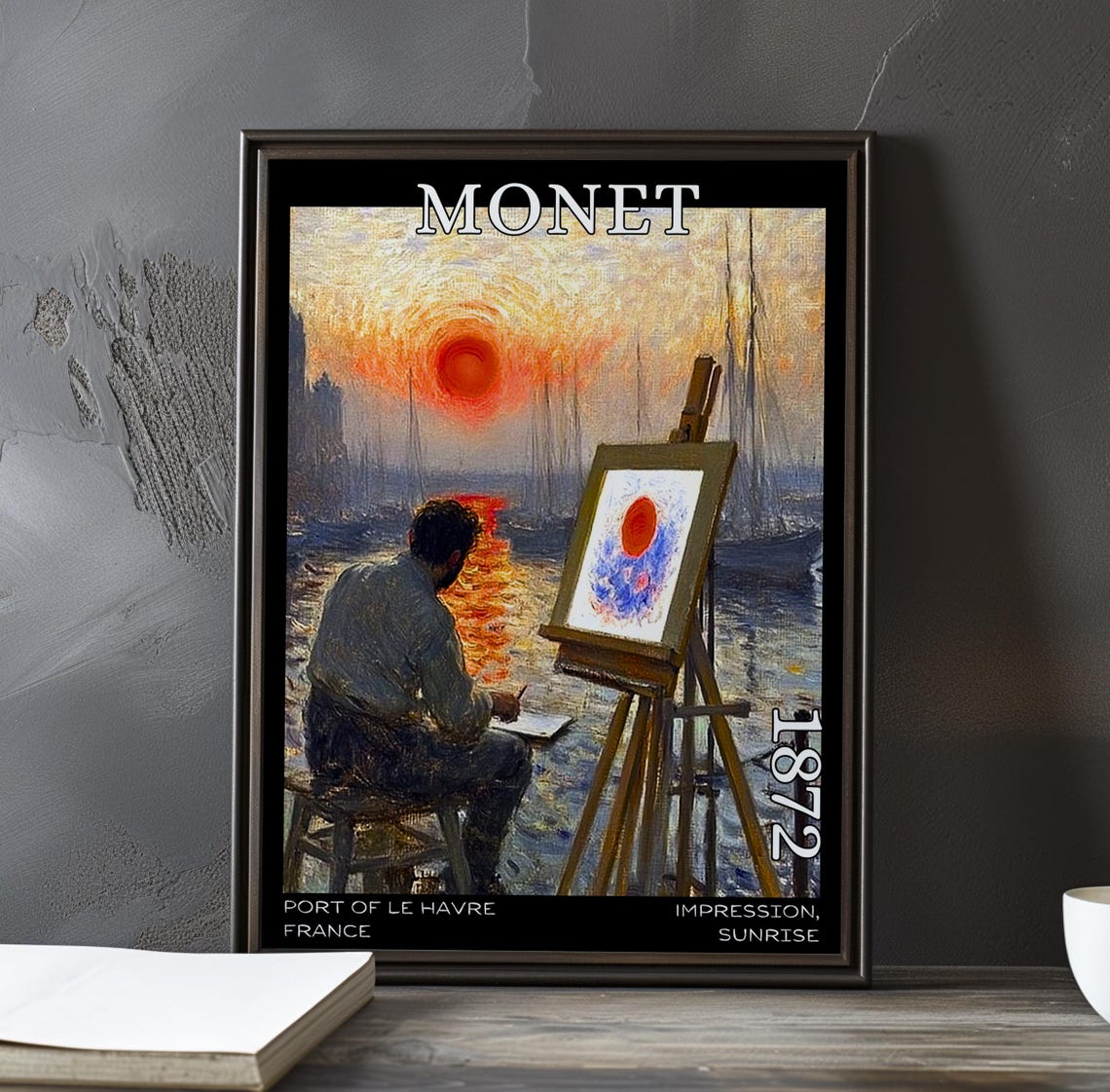 Painter at Easel Painting Red Sun Harbor Scene Monet 1872 Poster