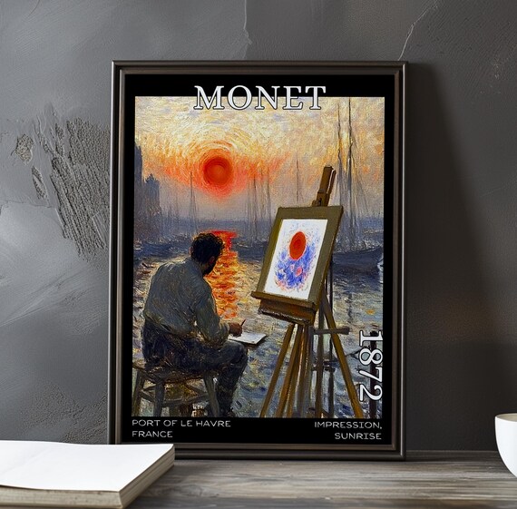 Painter at Easel Painting Red Sun Harbor Scene Monet 1872 Poster