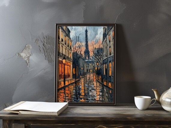Eiffel Tower at Sunset Reflected on a Rainy Paris Street Poster