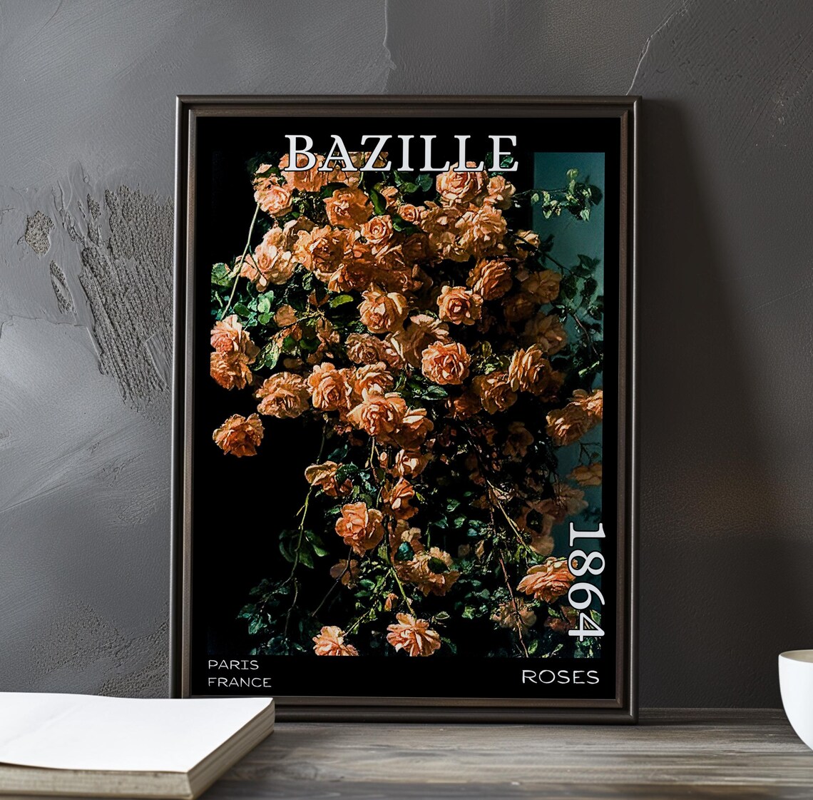 Bazille Roses 1864 Amber Roses Tumbling on Black Background Poster