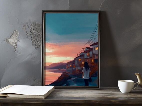 Woman Walking to Harbor at Sunset Dreamy Anime Style Art Poster