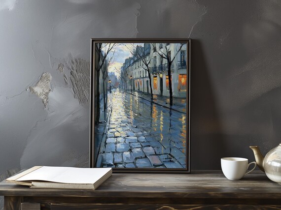 Rainy Paris Street at Night With Glowing Shop Windows Art Poster