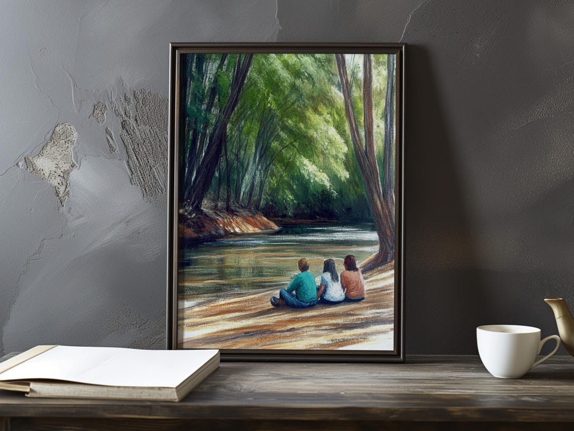 Three Friends Gazing at a River Bend Beneath Tall Trees Poster