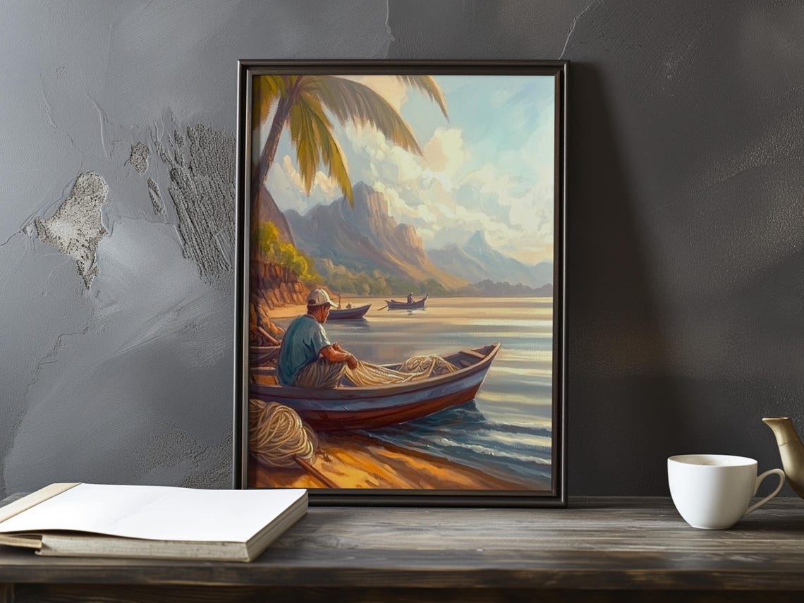 Fisherman With Nets In A Boat On A Tropical Mountain Lagoon Poster