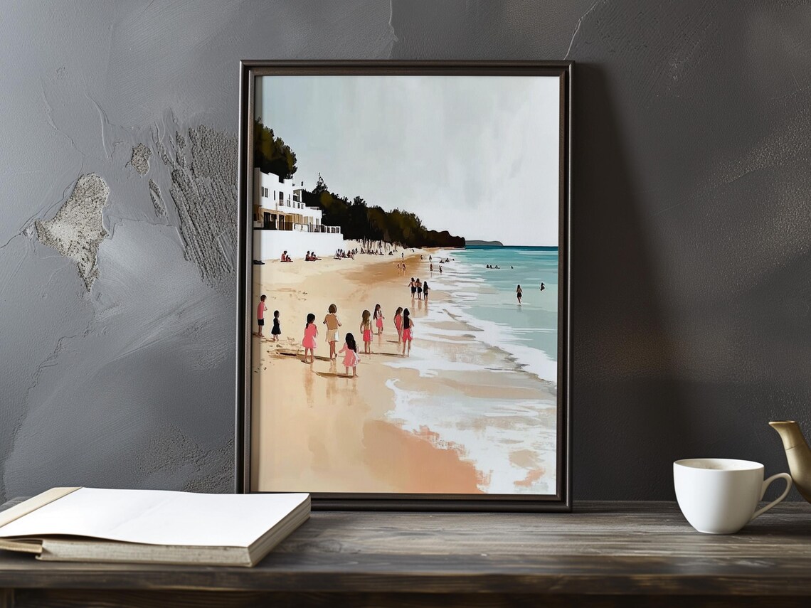 Minimal Beach Scene With Children Playing On The Sand Poster
