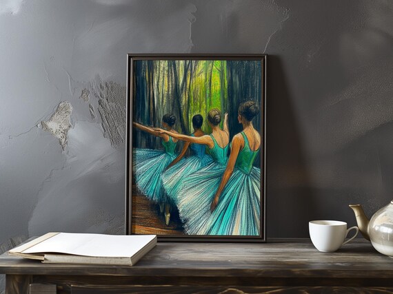 Edgar Degas Ballerinas in Teal Tutus Backstage Study Art Poster