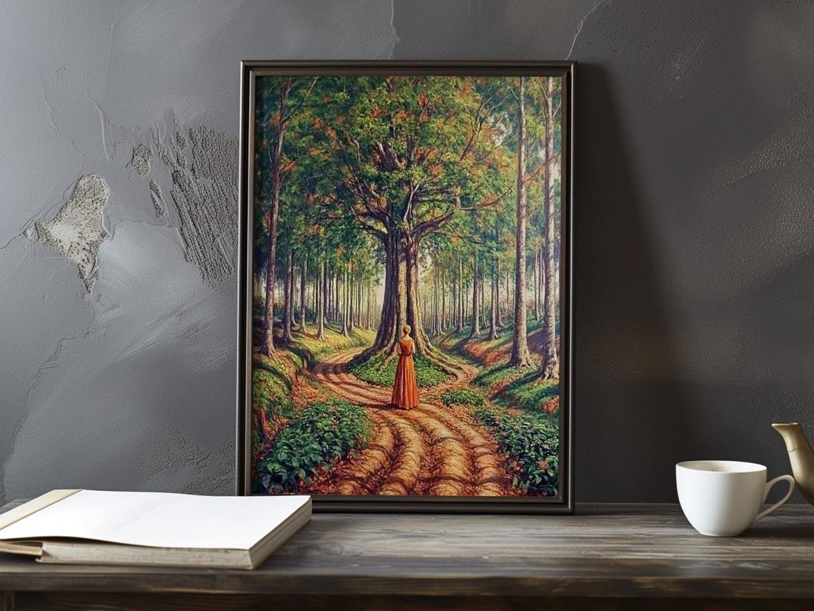 Woman on a Forest Road Beneath a Majestic Ancient Tree Poster