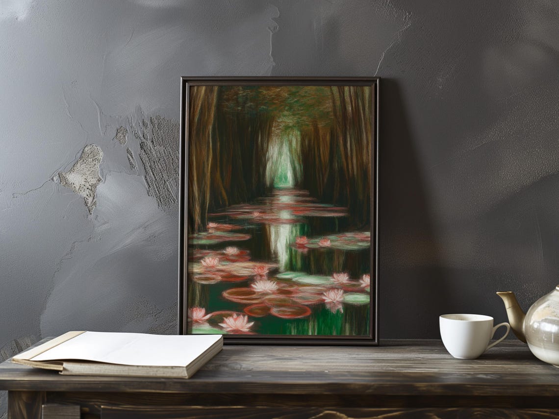 Dark Green Lily Canal Pink Blossoms Shaded Woodland Reflection Poster