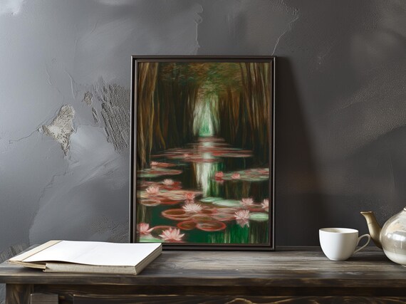 Dark Green Lily Canal Pink Blossoms Shaded Woodland Reflection Poster
