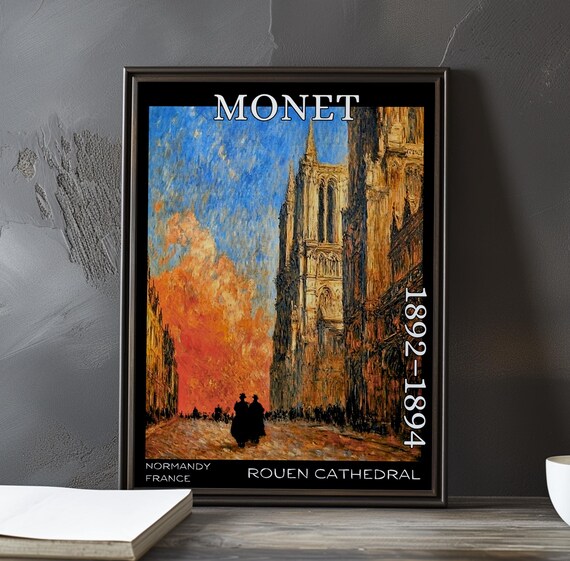 Monet 1892-1894 Rouen Cathedral Street Scene in Blazing Sunset Poster