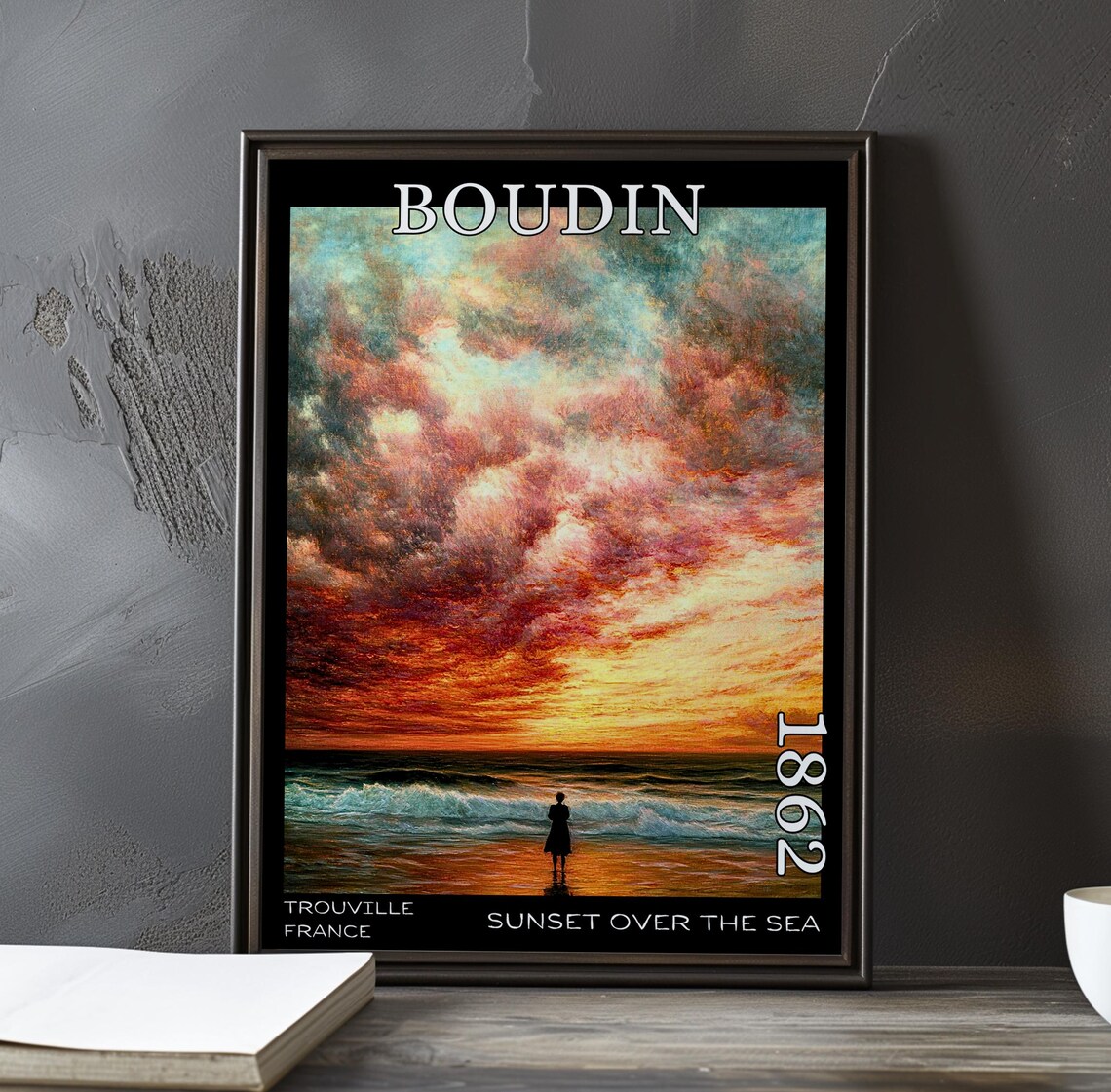 Eugène Boudin Fiery Red Sunset with Lone Figure in Sea 1862 Poster