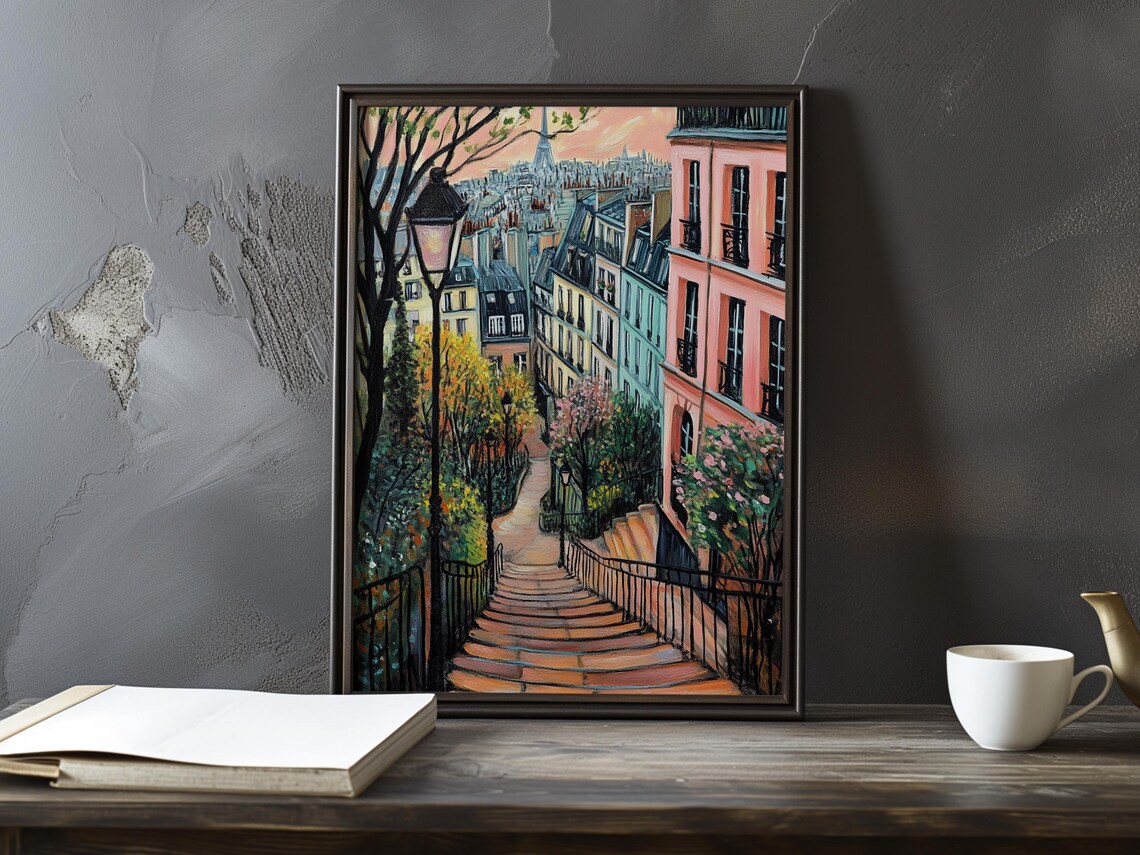 Montmartre Staircase at Dusk With Lamppost and Eiffel Tower Poster