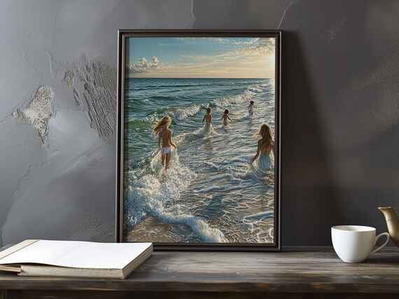 Girls Playing In The Ocean Surf On A Bright Summer Day Poster