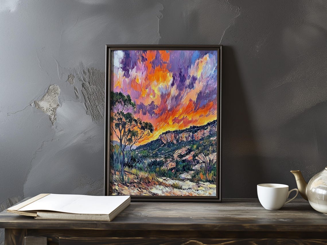Rocky Cliffs Under a Turbulent Orange Sunset Impressionist Art Poster