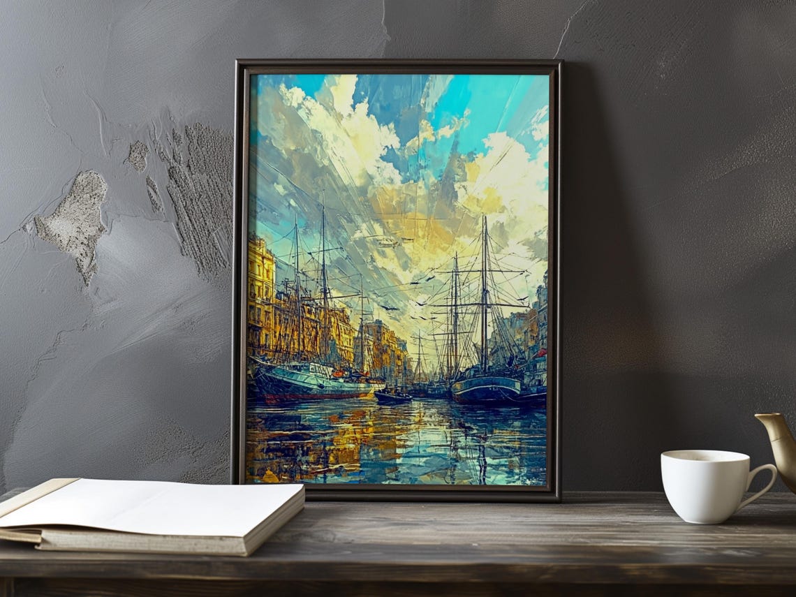 Tall Ships in an Old Stone Port Beneath Sunbeam Clouds Painting Poster