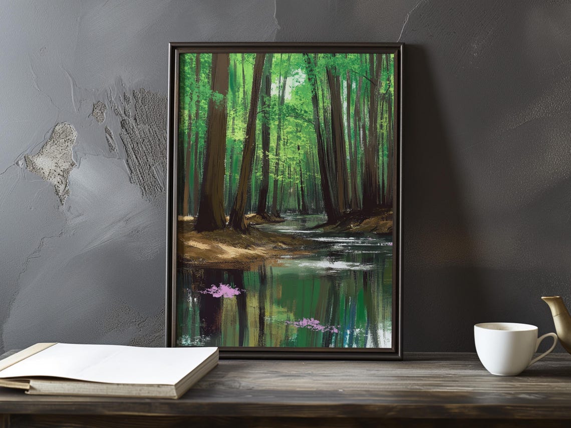 Dark Forest Stream With Mirror Reflections Impressionist Poster
