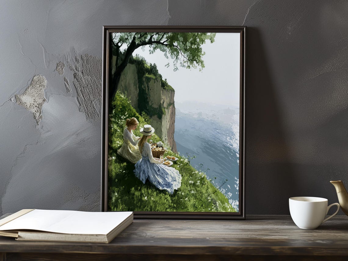 Two Women Resting Under a Shady Tree on a Coastal Bluff Poster