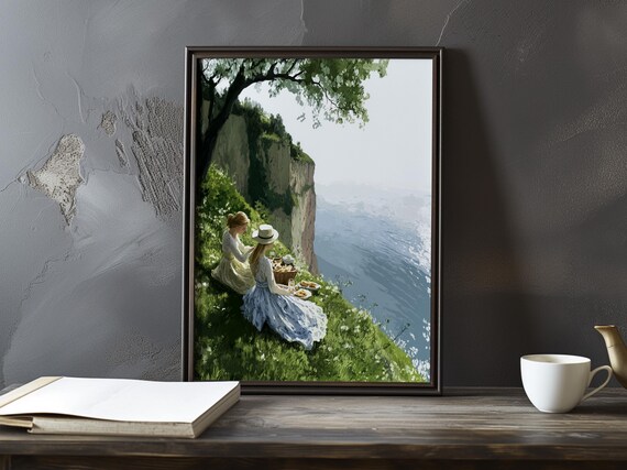 Two Women Resting Under a Shady Tree on a Coastal Bluff Poster