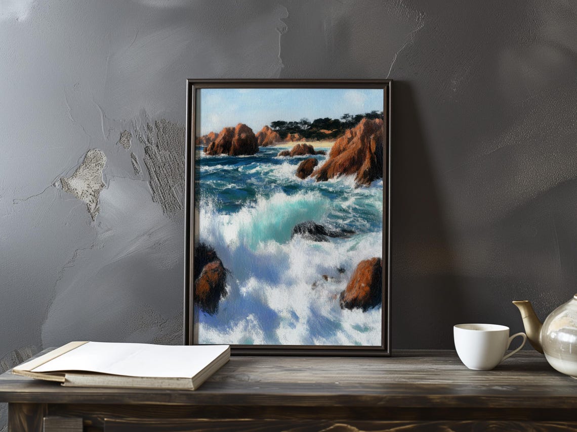 Turquoise Surf Churning Among Scattered Red Ocean Rocks Poster