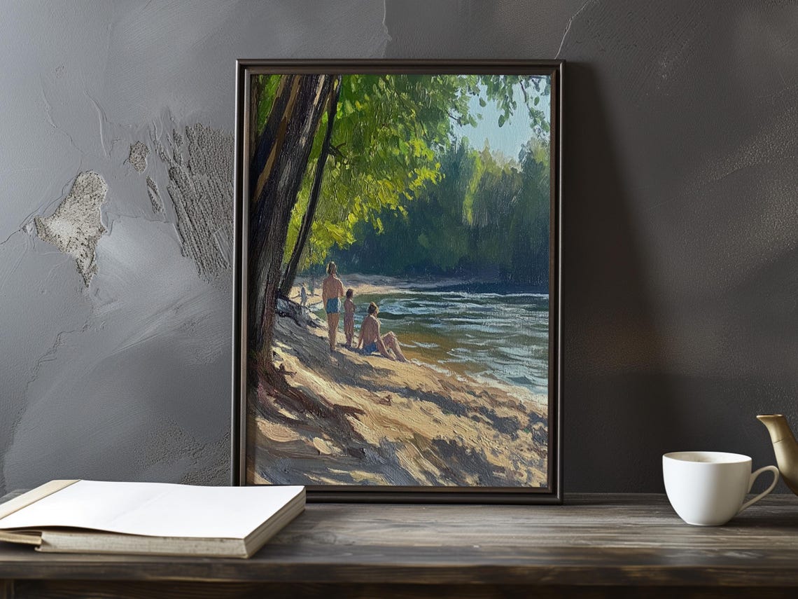 Summer Gathering on a Sandy Riverbank Beneath Green Trees Poster